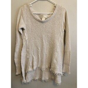 Ruby Moon Women’s Fall Sweater Distressed Fringe Beige 100% Cotton Size XS